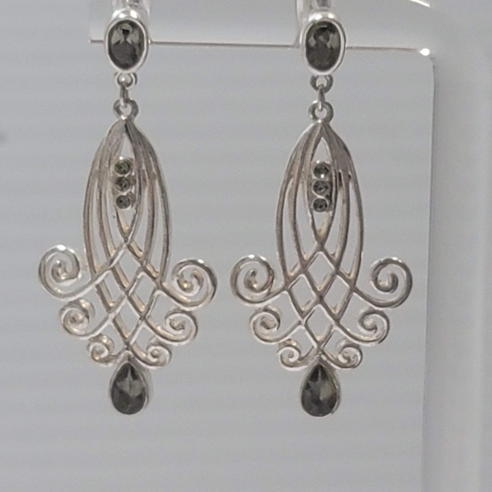 MWS Sterling Silver 925 Green Glass‎ Stones Filigree Scroll Drop Earrings Womens